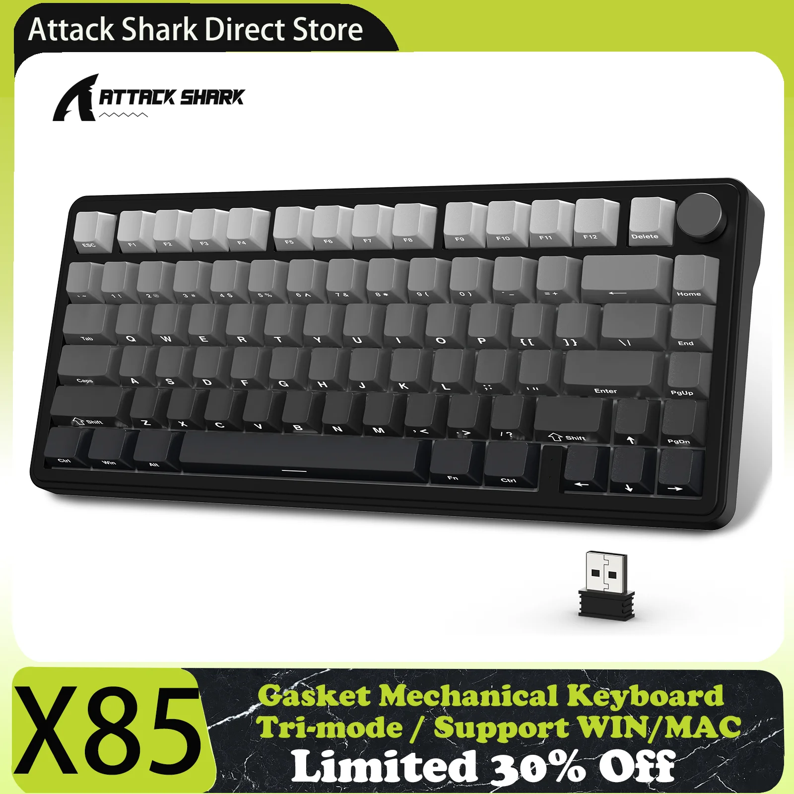 ATTACK SHARK X85 Junta tricomodo Teclado mecánico 75% con perilla CNC, acolchado de 5 capas, intercambiable en caliente, retroiluminación RGB, NKRO