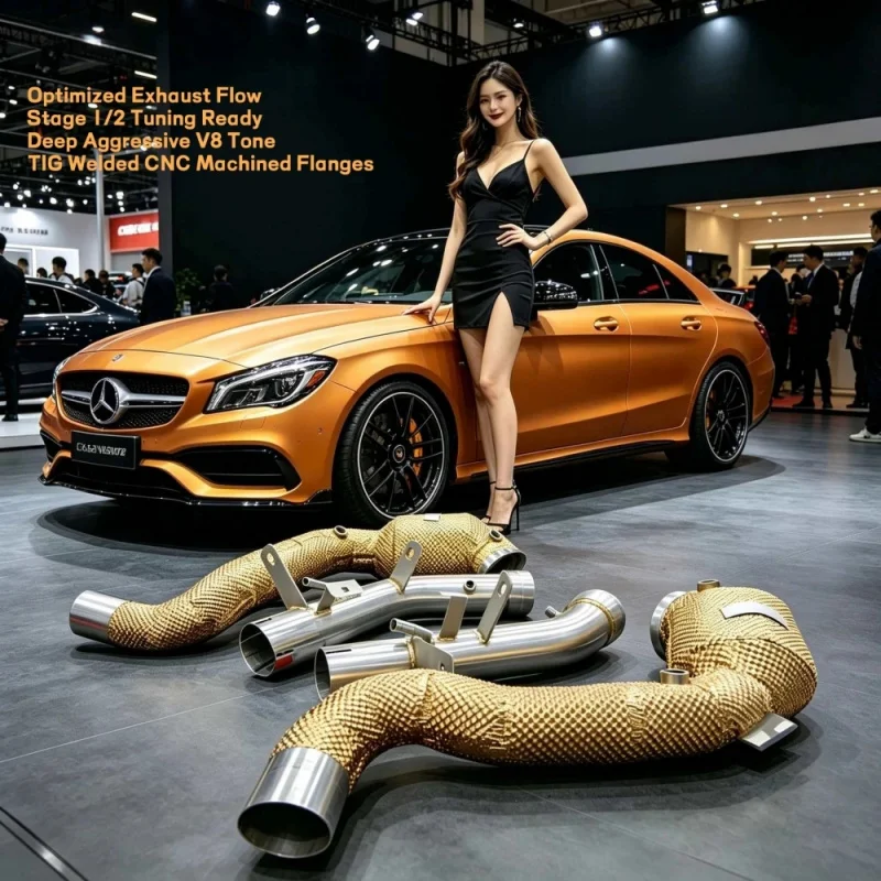 

OEM High Flow Sport Downpipe for Mercedes-Benz AMG W205 C63 SS304 Car Performance Exhaust Pipe Headband with Gold Insulation