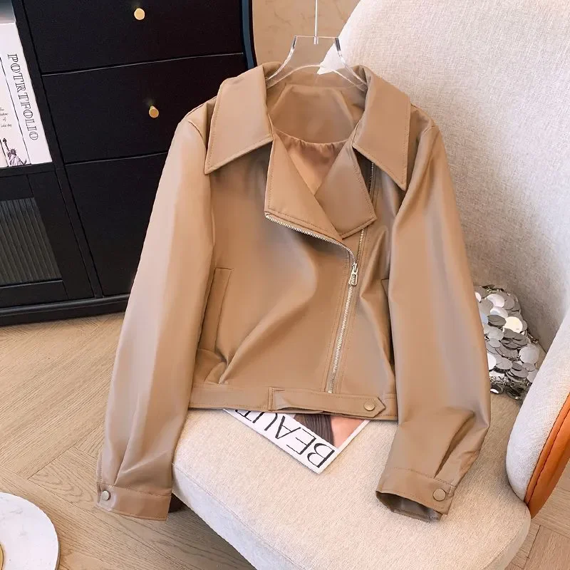 Black Pink PU Short Leather Coat Women 2025 Spring Autumn New Fashion Slim Lapel Motorcycle Jacket Ladies Zipper Outerwear B844