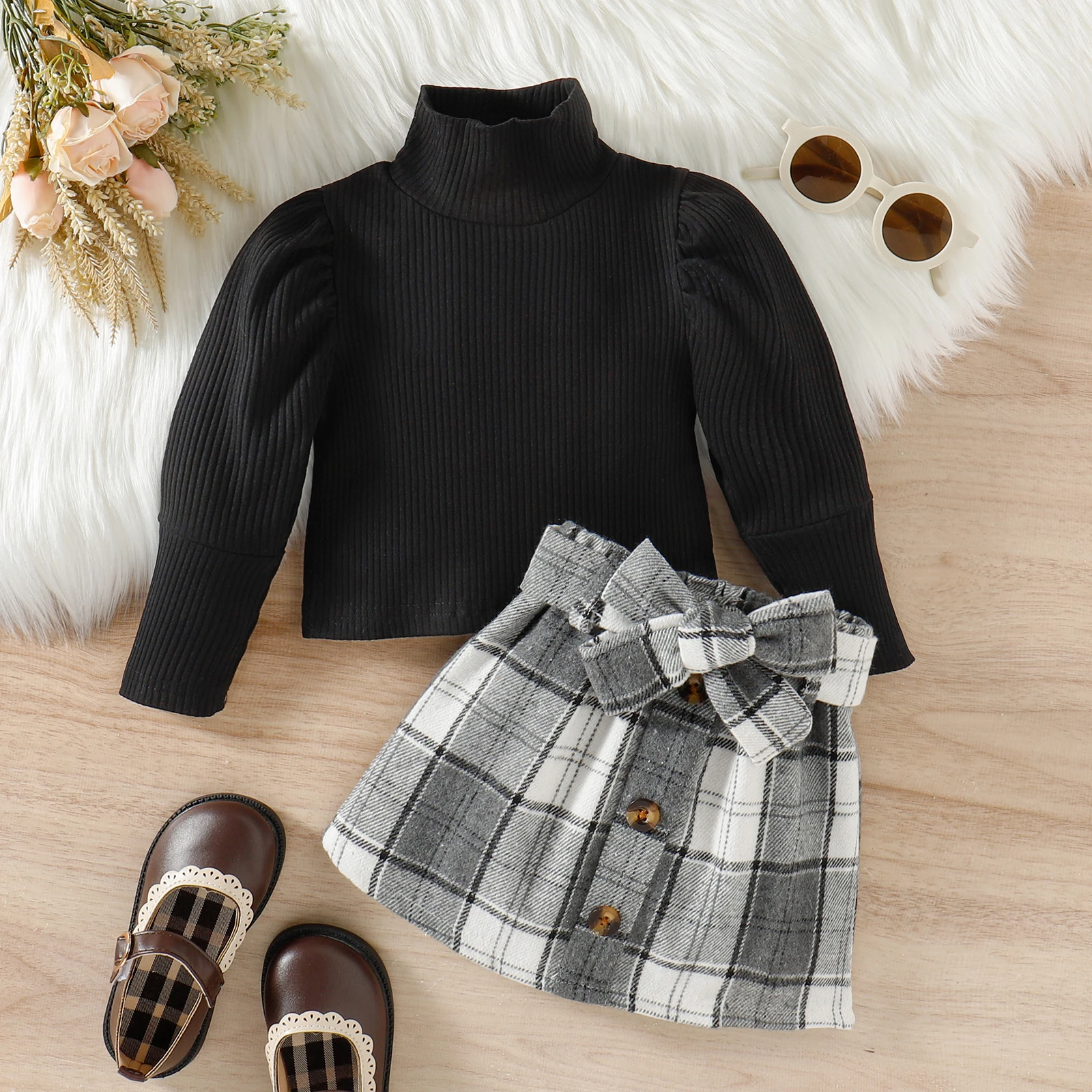 

3PCS Autumn And Winter 1-4 Years Old Girls And Babies Are Fashionable, Solid Color High-Necked Long-Sleeved Top + Plaid Skirt