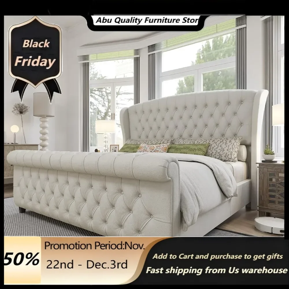 King Size Platform Bed Frame, Chenille Upholstered Sleigh Bed with Scroll Wingback Headboard & Footboard/Button Tufted