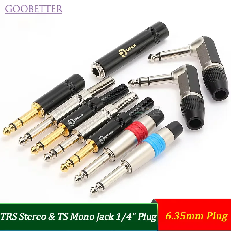

6.35mm TRS Stereo & TS Mono Jack 1/4" Plug Combo | Right Angle/Straight Connector for Guitar/Mic/Stage Equipment Gold Plated