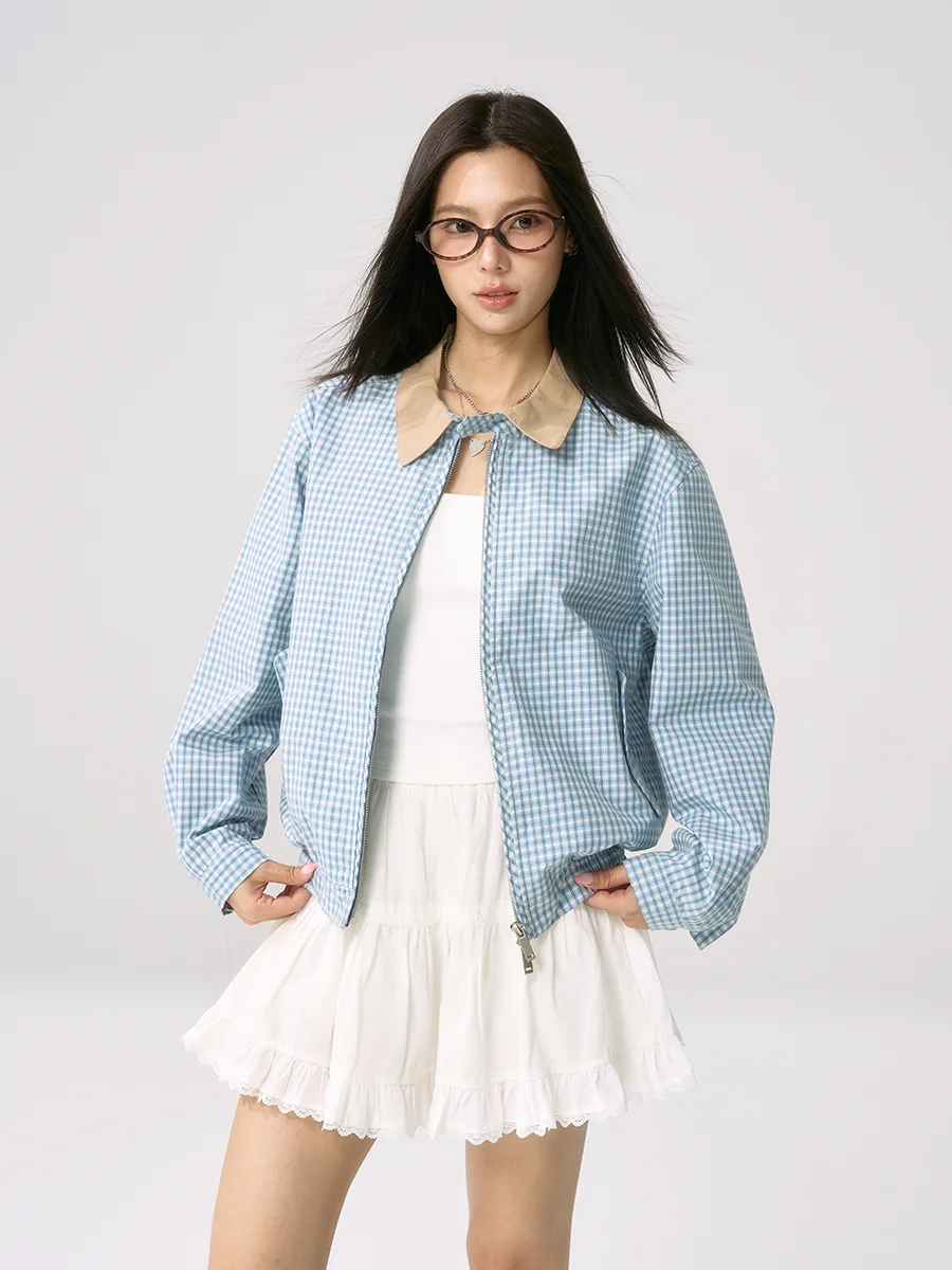 

TENPSEN синяя клетчатая куртка свободного покроя контрастного цвета в стиле ретро, женское пальто ор, осенний сезон Faion, женская одежда премиум-класса