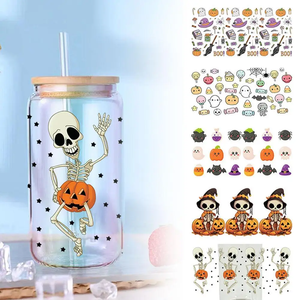 Halloween UV DTF Transfers Stickers For 16 Oz Glass Cup Mug Waterproof Halloween Pumpkin Skeleton Ghost UV DTF Cup Wraps De L1F0