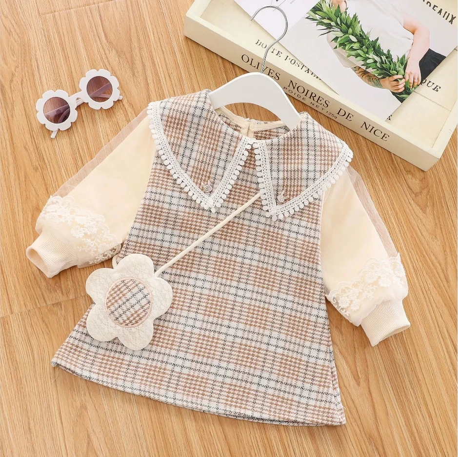 

Girls Dress Spring And Autumn Plaid Long-Sleeved Baby Girl Dress Cute Lapel Girl Princess Dress With Bag Baby Girl Clothes