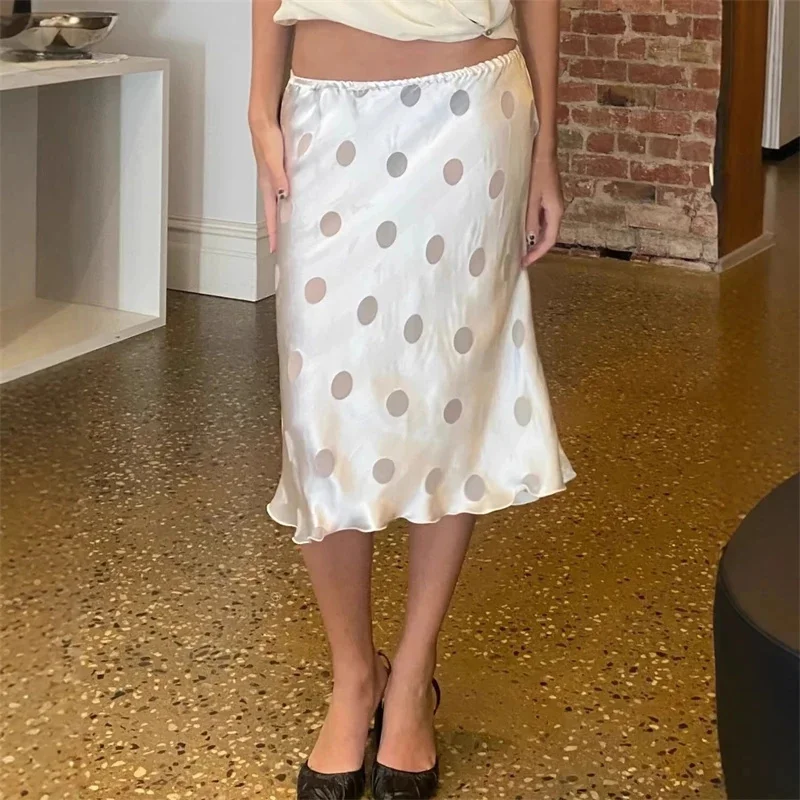 

French Vintage Polka Dot Midi Skirt White Loose Draped Elegant Gentle Romantic Tea Party Chic Outfit For Women Teens Gift