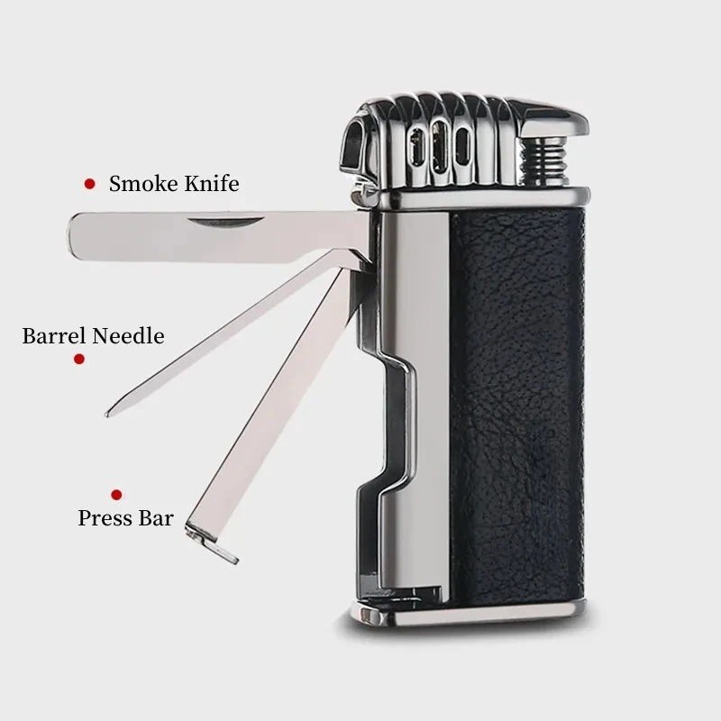 New Pipe Dedicated Gas Lighter Classic Angled Out Open Flame Turbo Torch Comes With Smoking Tool Leather Splice Body