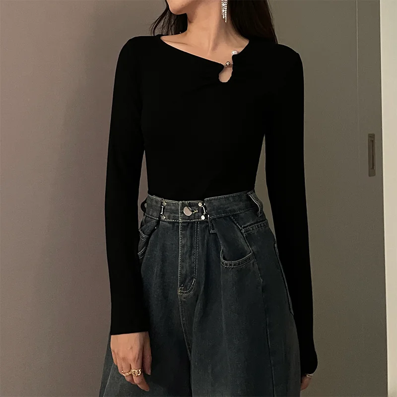 

Ele Bla Long Sve Base irt Женская модная внутренняя одежда Slim Fit Sli Top Трикотажная смесь хлопка для поездок на работу