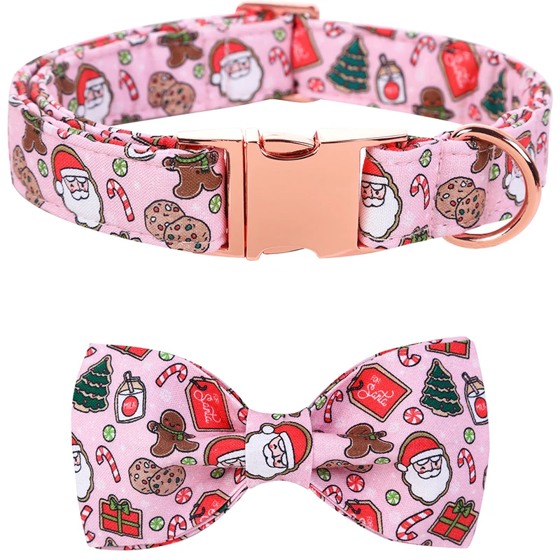 Unique Style Paws Christmas Dog Collar with Bow Pink Santa Claus Dog Collar Cute Puppy Necklace for Large Medium Small Dog