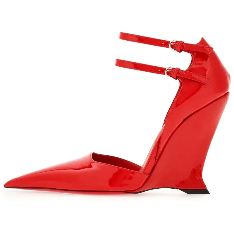 Patent Leather Women Wedge Heel Pumps 2026 Pointed Toe Double Ankle Strap High Summer Party Elegant Sandals Sexy Daily Shoes