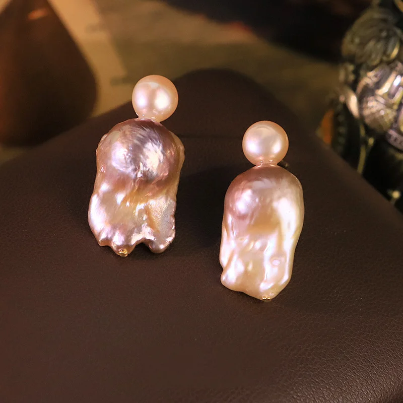 Women Original Design Baroque White Purple Freshwater Pearl Stud Earrings Exquisite Fashion Ear Jewelry For Daily Wedding Party