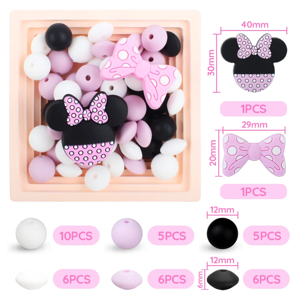 40Pcs Mouse Silicone Beads Set BPA Free Spacing Loose Beads Set DIY Pacifier Chain Necklace Bracelet Jewellery Accessories