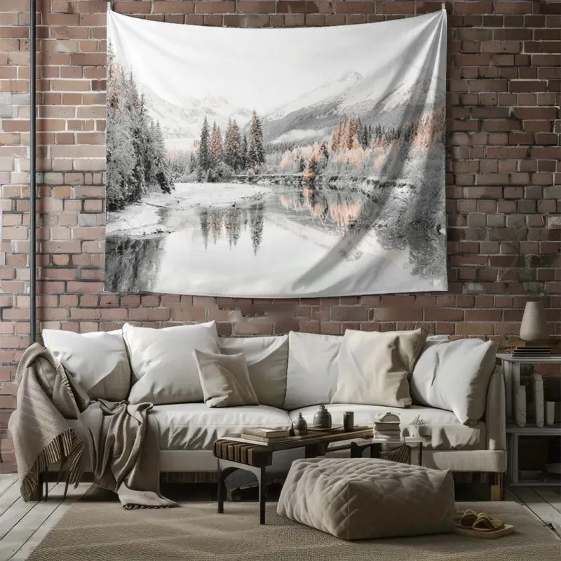 Aesthetic Mountain Landscape Tapestry Wall Hanging Scenic Nature Art Decor Print Forest River Cabin Rustic Boho Style Room Wall