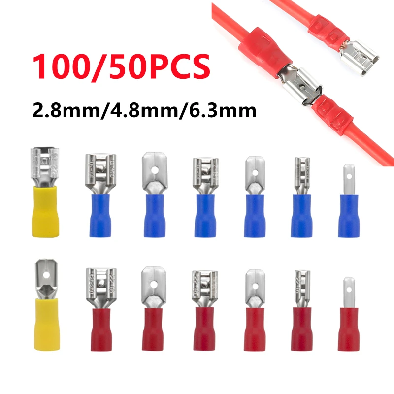 100/50pcs 2.8mm 4.8mm 6.3mm Male Female Spade Terminal Cable Connector Electrical Wire Crimp Butt Wire Connector Cold Press Plug