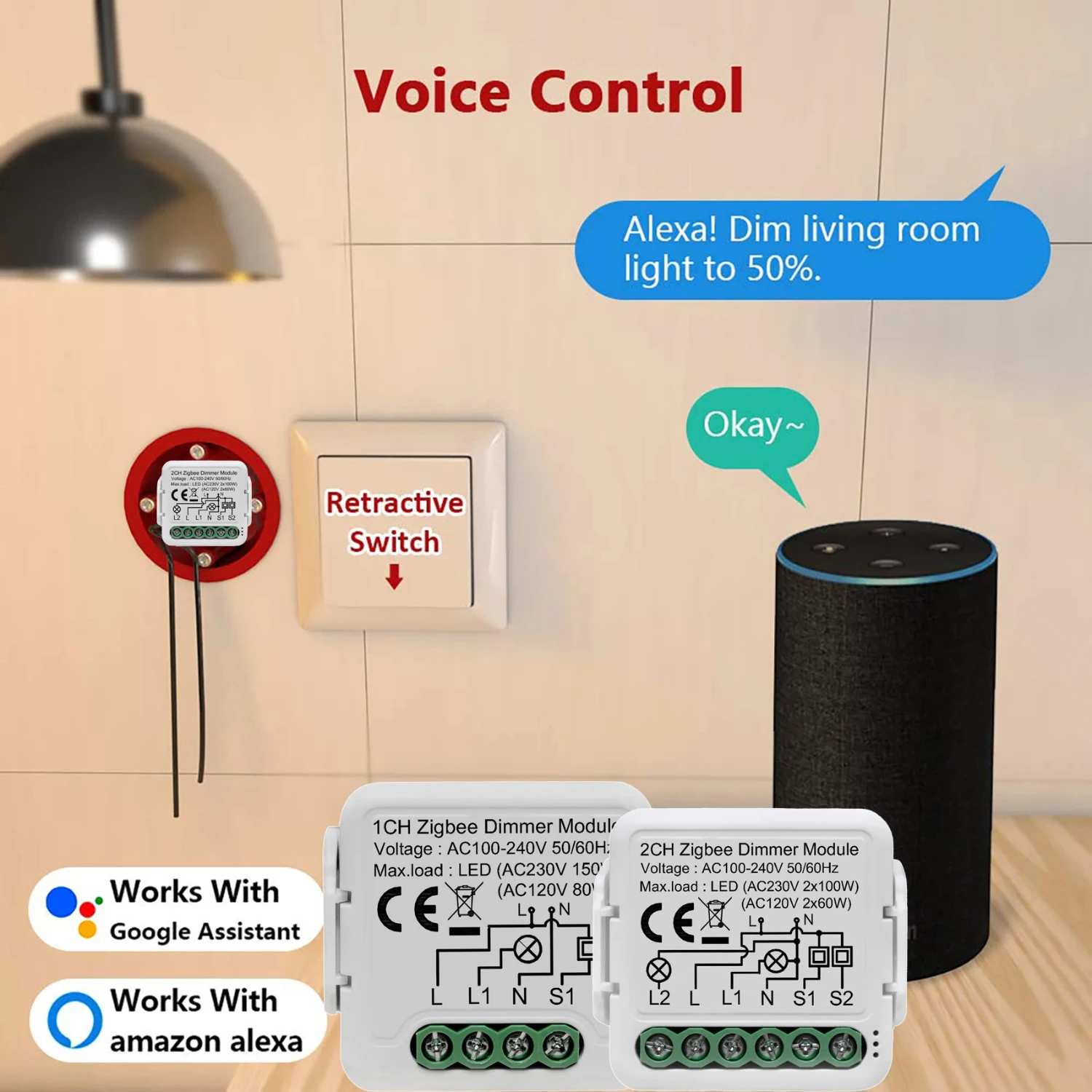 Smart Dimmable Zigbee Automation Voice Control Module Compatible with Alexa, Works with 110-240V