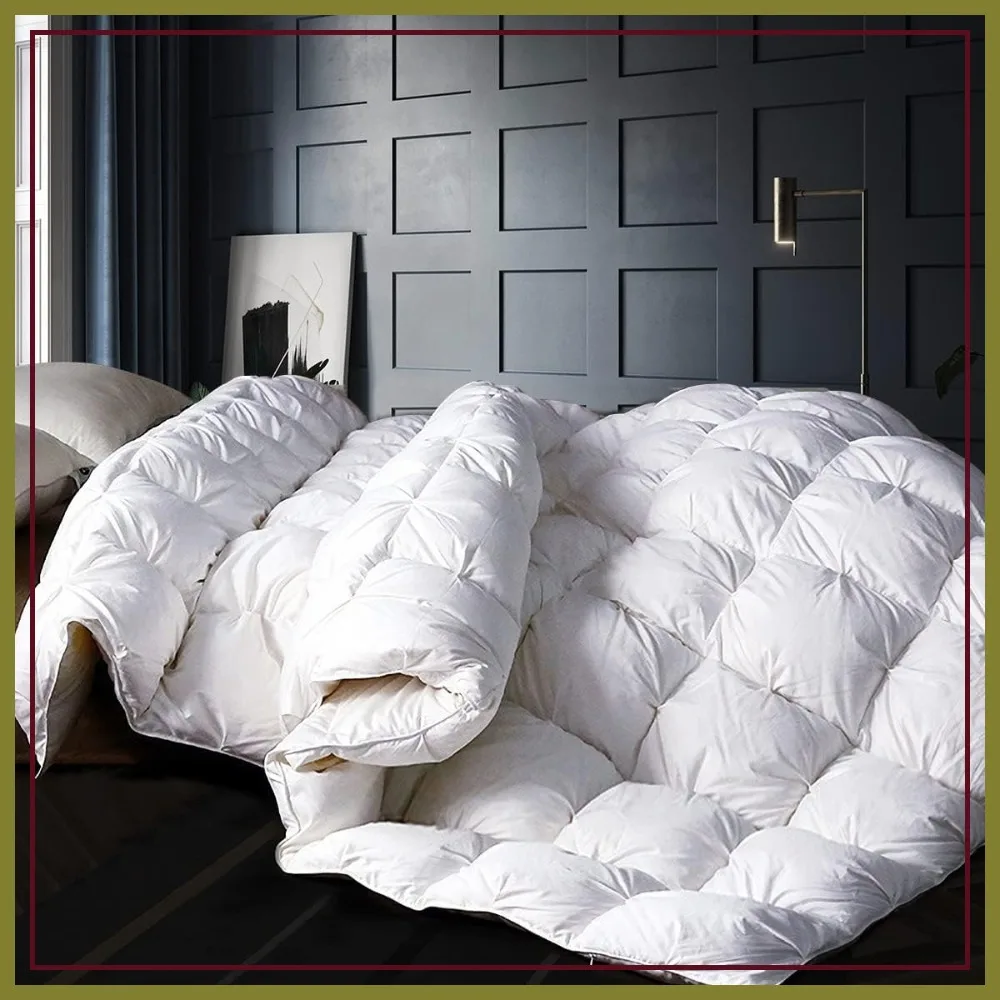 

All Season King Size 120x98 Goose Down Fiber Comforter - Luxury Medium Warmth White Hotel Style Fluffy Duvet Insert with 8 Tabs Pinch Pleat