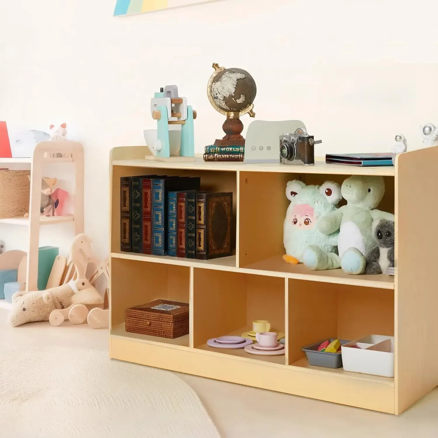 Estante Montessori, organizador de almacenamiento de juguetes de madera para libros, juguetes, estantería para libros para niños pequeños, sala de juegos, guardería