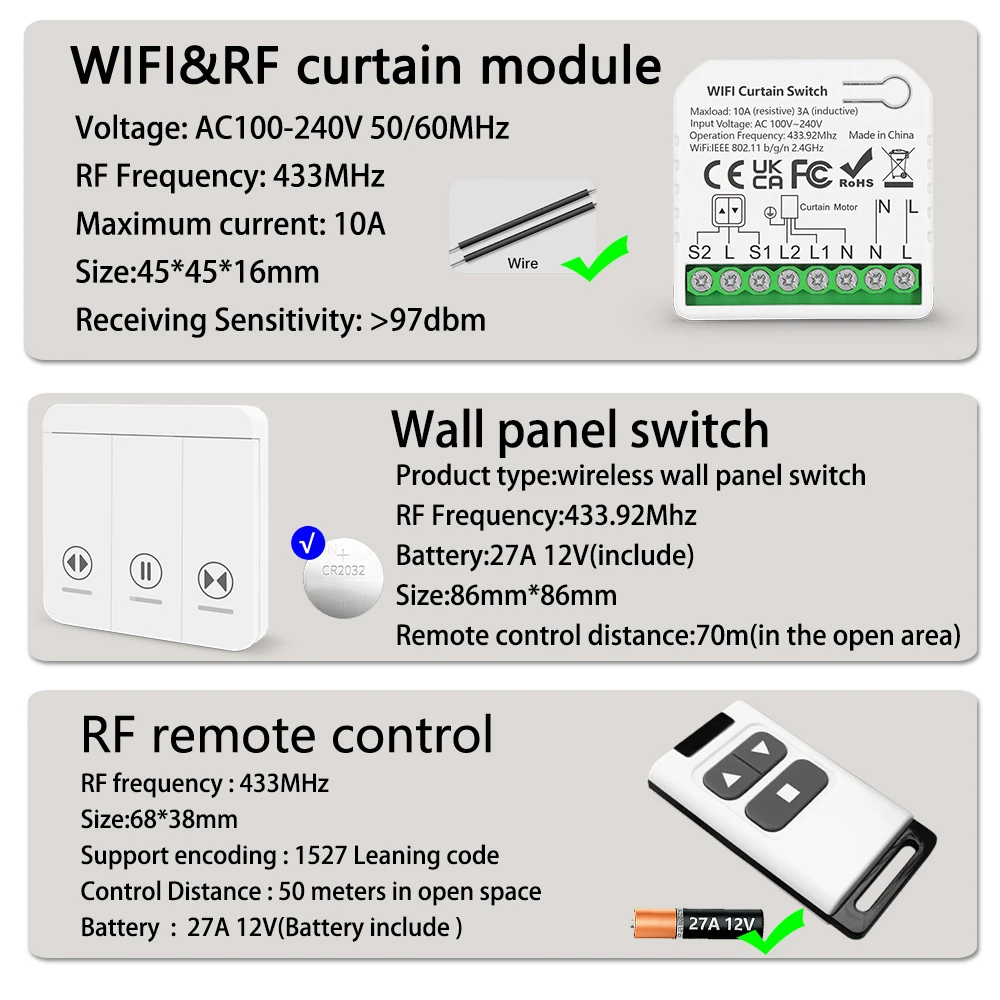 Tuya WiFi Smart Curtain Switch Roller Blinds Shutter Module 433MHz RF Remote Control Works With Alexa Google Home Assistant