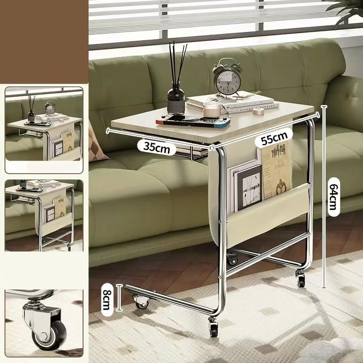 Rolling End Table with PU Storage Pocket - Mobile Side Table for Small Spaces