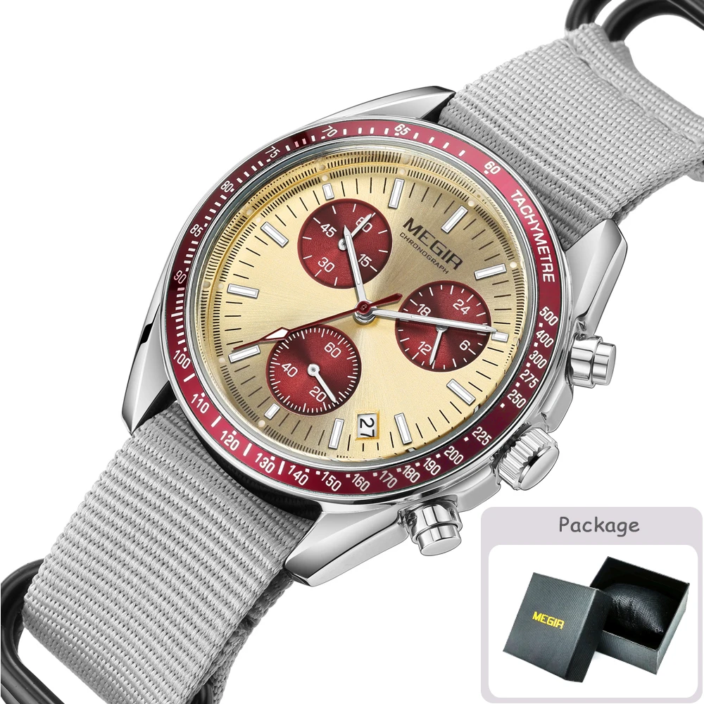MEGIR New Luxury Men's Watches Canvas Weaving Strap Sport Automatic Chronograph Quartz Waterproof Wristwatch for Male 2247