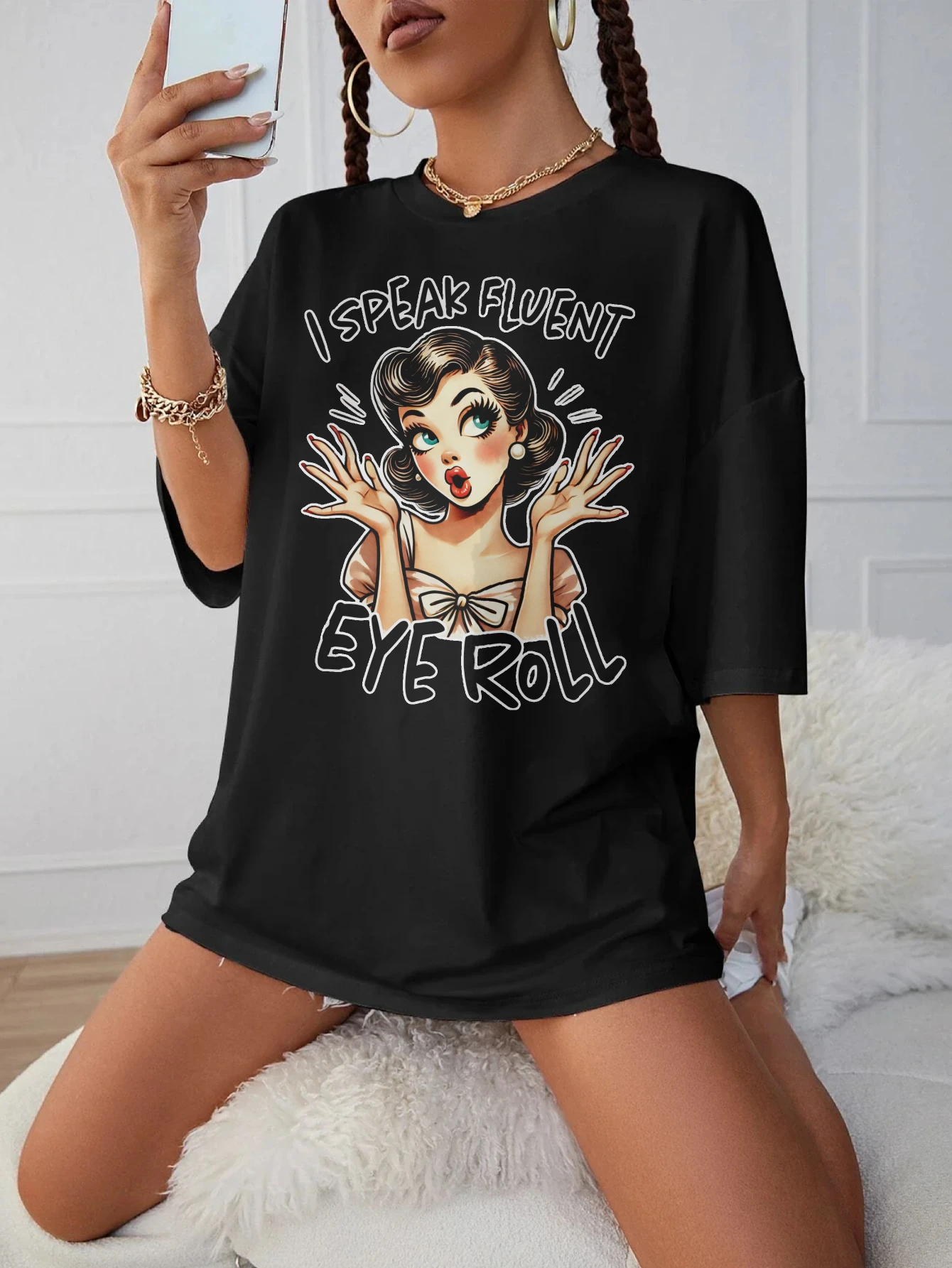 

I speak fluent eye roll Stylish Black Round Neck T-Shirt for Women Loose Fit Comfortable Winter Maternity Wear