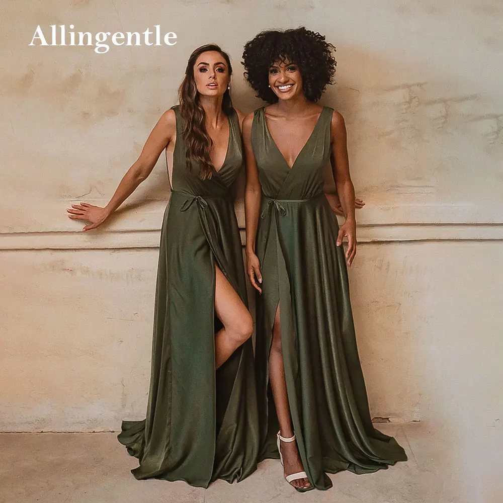 

Simple Elegant Satin Bridesmaid Dresses with Slit A Line Backless Green Women's Formal Prom Evening Party Gowns Customized