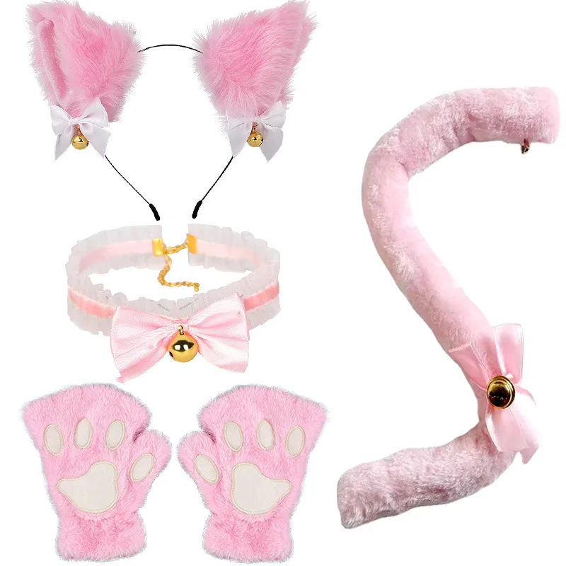 5点セット 猫耳グローブ 冬用 可愛い漫画コスプレ 猫小道具 女の子用 オープンフィンガーグローブ ベル付きカチューシャ キツネ 猫耳 尾付き帽子