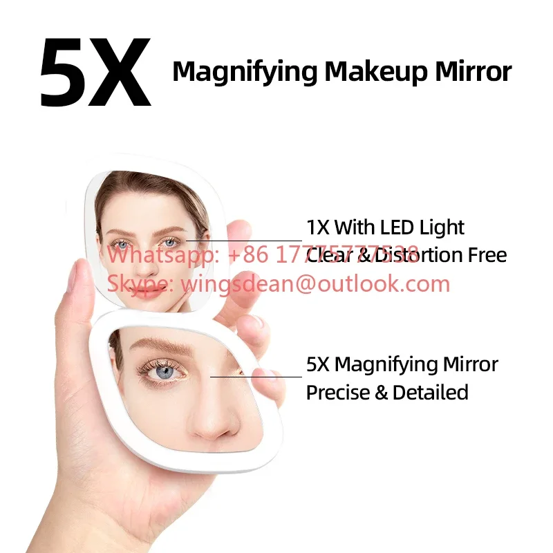 Led Compact MINI Makeup Mirror with Light 5X Magnifying Small Pocket Portable Travel White Foldable Cosmetic Vanity Mirrors