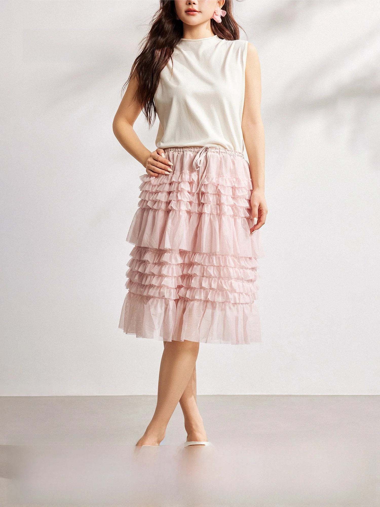 

Plusmall Cloud Lace Layered Dream Midi Skirt Elastic Waist Tulle A-Line Cake Style Half-length Women's Skirts Casual Wear