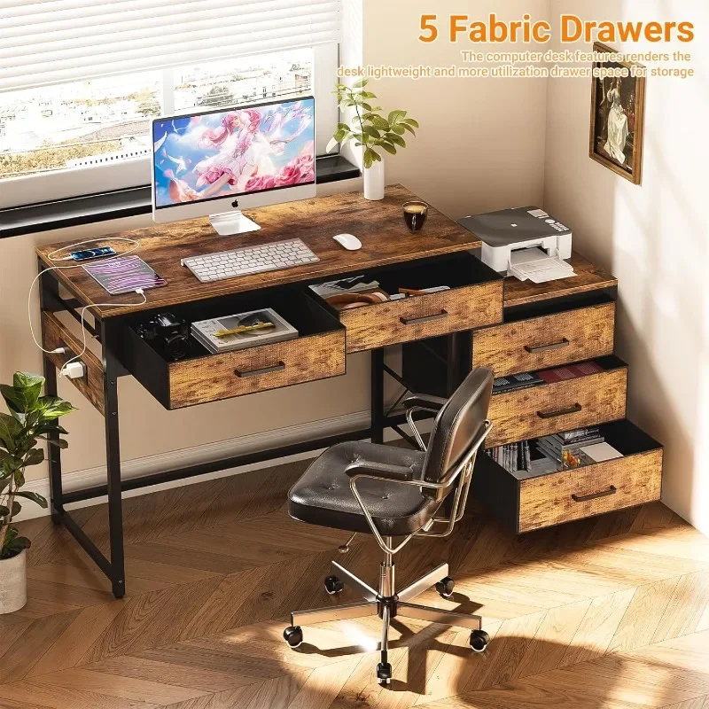 New Unikito Computer Desk with 5 Drawers, Reversible Home Office Desk with Power Outlets, Sturdy Writing Desk