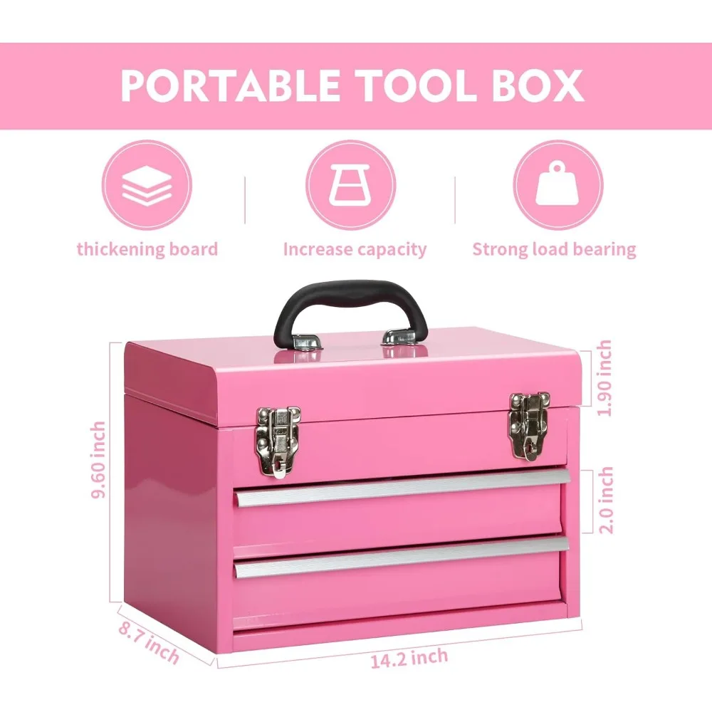 14 Inch Steel Portable Tool Box with drawers - Tool Storage Box Organizer with Metal Latch Closur - Powder Coated Toolbox Chest