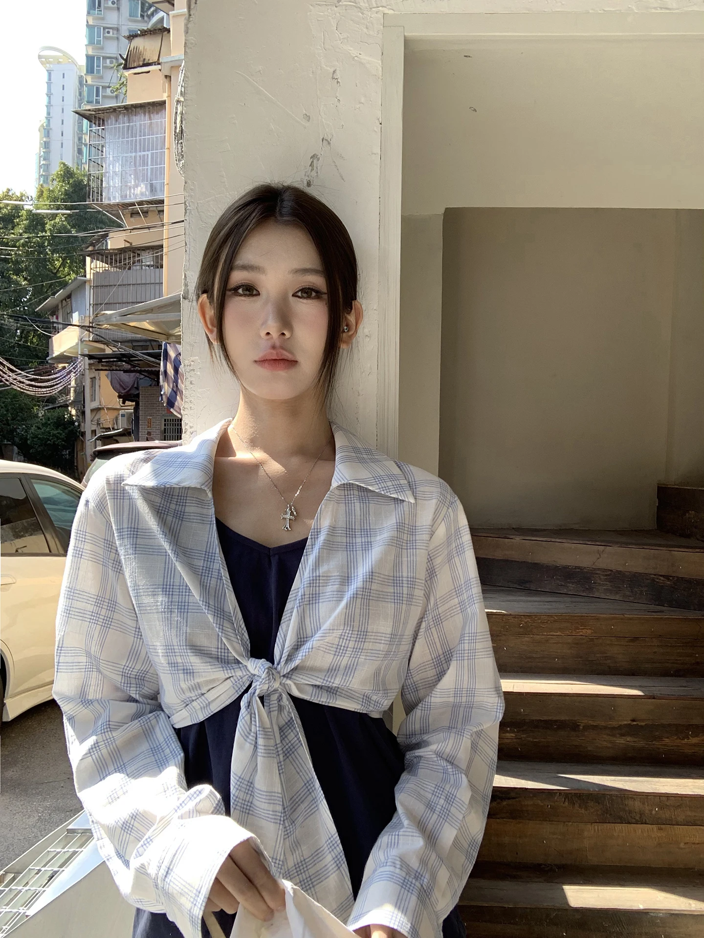 

Blue Plaid Short Shirt Women's Long Sleeve Design Summer Cotton Straight Cut Commute Style Blue Plaid Shirt Red Dot Design