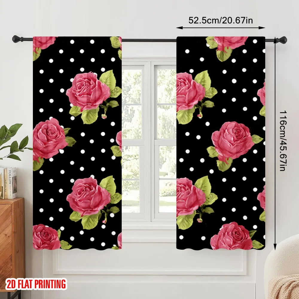 2pcs,2D plane printing Light Filtering Curtains Roses on Polka Dots Versatile Durable Polyester (without rod) Holiday Ldeal for