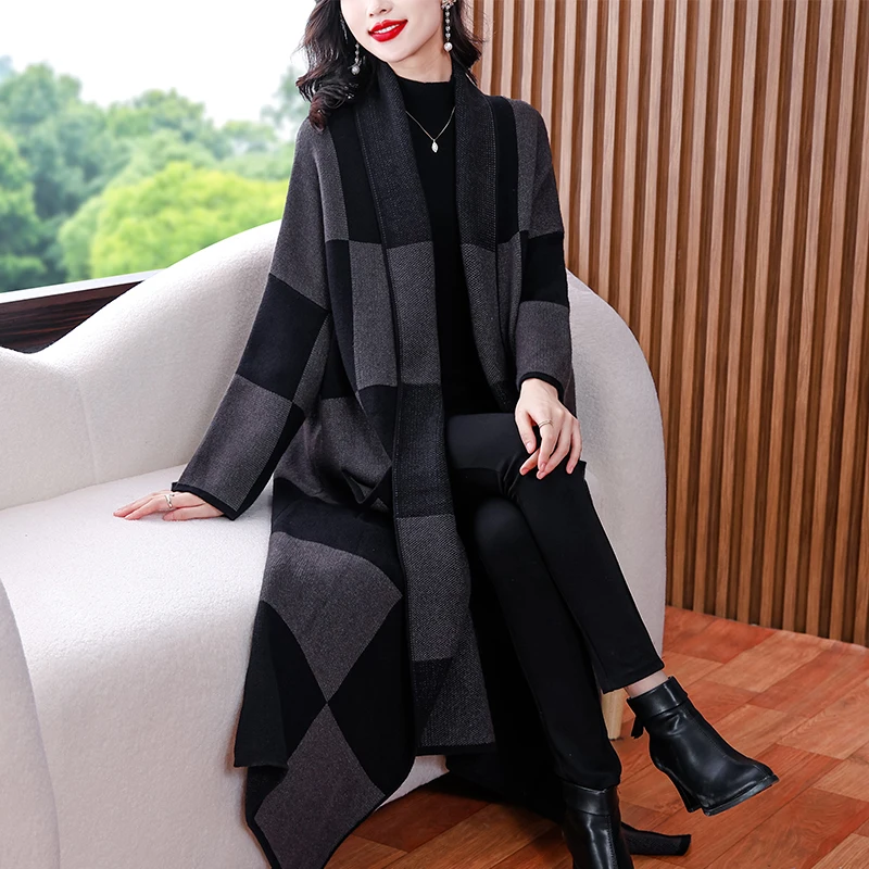 2023 Autumn/Winter New Cashmere Jacquard Plaid Printed Windbreaker Mom\'s Loose Large Length Display Knee Length Coat