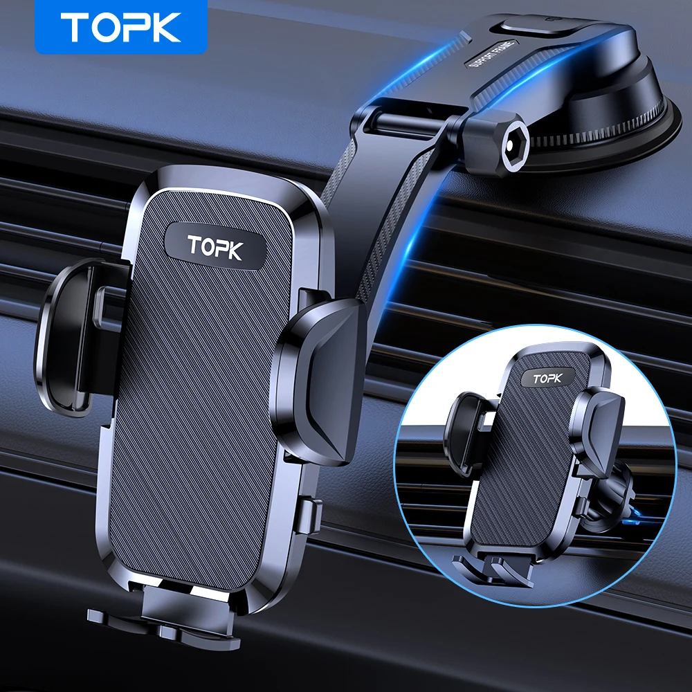 TOPK Car Phone Mount 2-IN-1 , Upgraded Handsfree Stand, Phone Holder for Car Dashboard, Compatible with iPhone Samsung Android