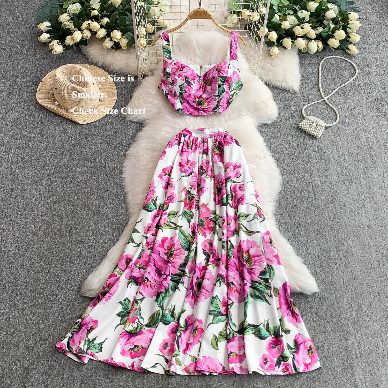 

Summer Holiday Beach Long Dress Two Piece Set Women Romantic Sicilian Rose Printed Chest Pads Crop Top A Line Maxi Skirt Suits