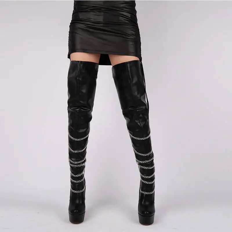 Onlymaker, botas por encima de la rodilla con plataforma rosa para mujer, tacón fino alto, decoración de cadena de Metal, botas hasta el muslo con cremallera para mujer