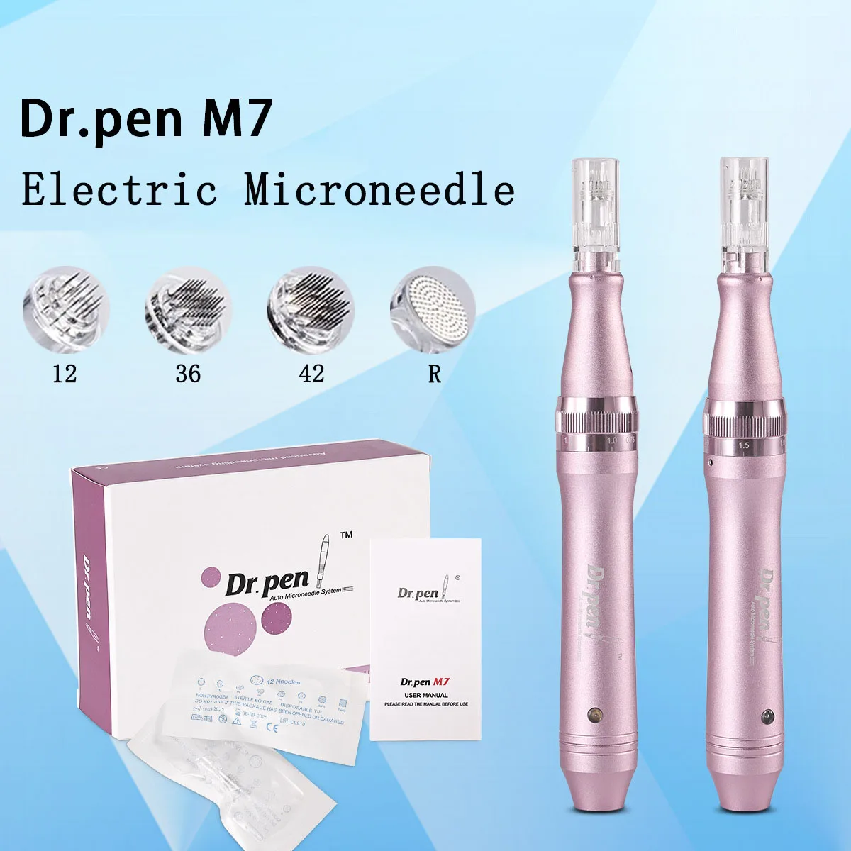 M7 Electric Microneedle DR.pen Introducer MTS Rechargeable Cordless Rolling Microneedle Machine Cartridge Tip 12 Needles