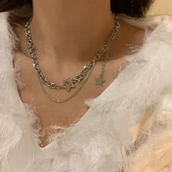 Y2k Zircon Star Double Layer Necklace For Women Charm Multi layered Metal Chain Silver Color Choker Necklace 2023 Fashion Jewelr