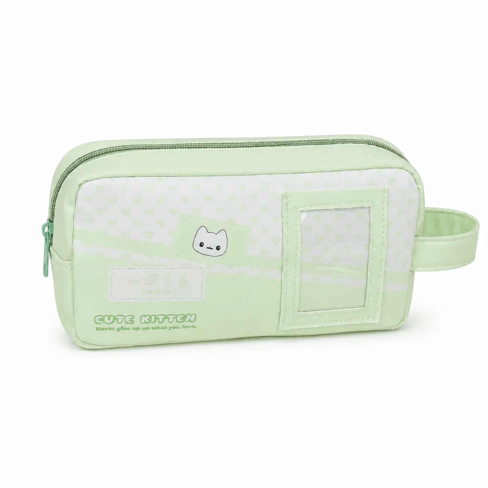 Kawaii Clear Window Pencil Case Green Large Capacity Pencil Pouch Heart Print with Handle Stationery Pouch Students