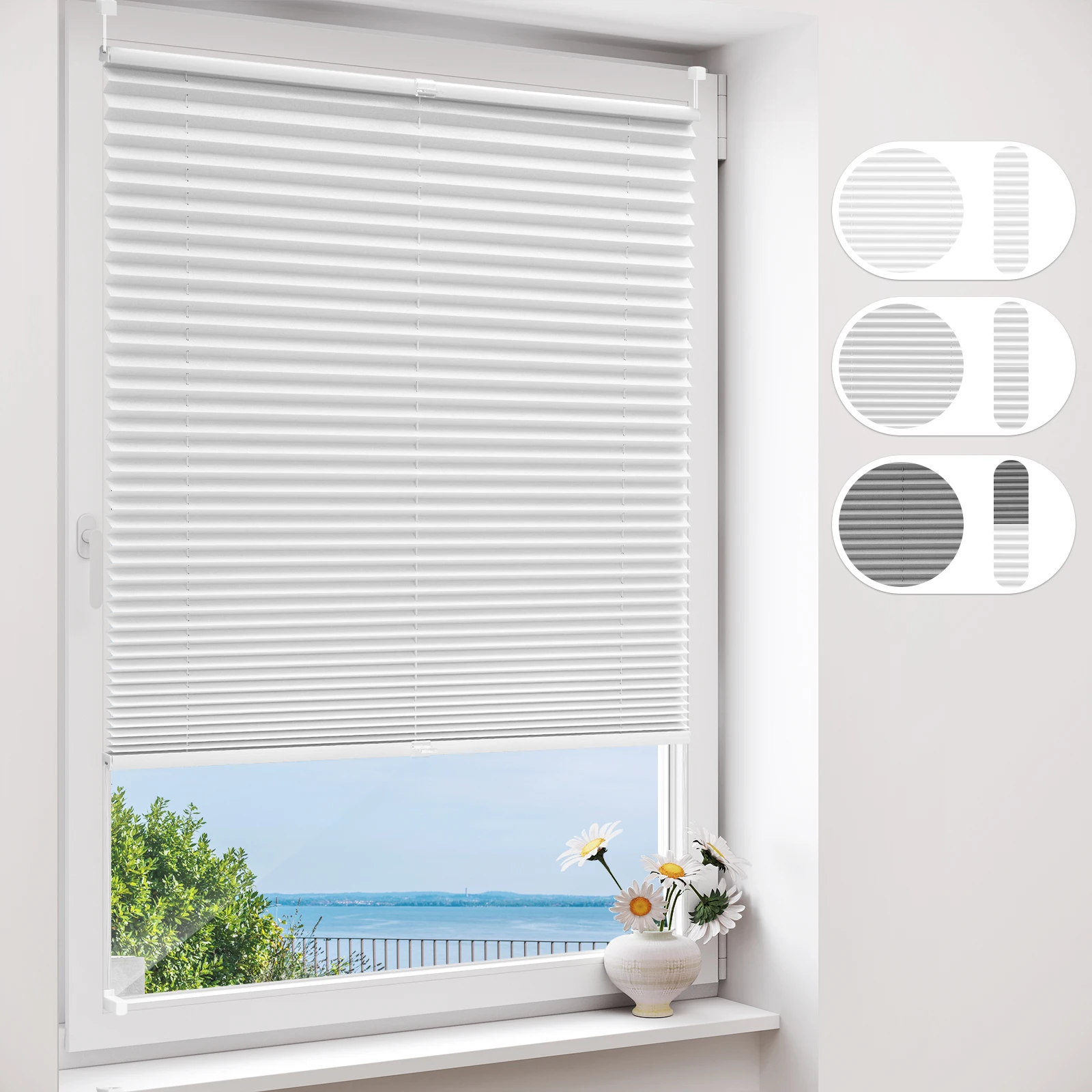 WOLTU Persianas de ventana plisadas blancas sin perforación con portador de abrazadera Pantalla de privacidad Parasol de protección solar para puerta de ventana