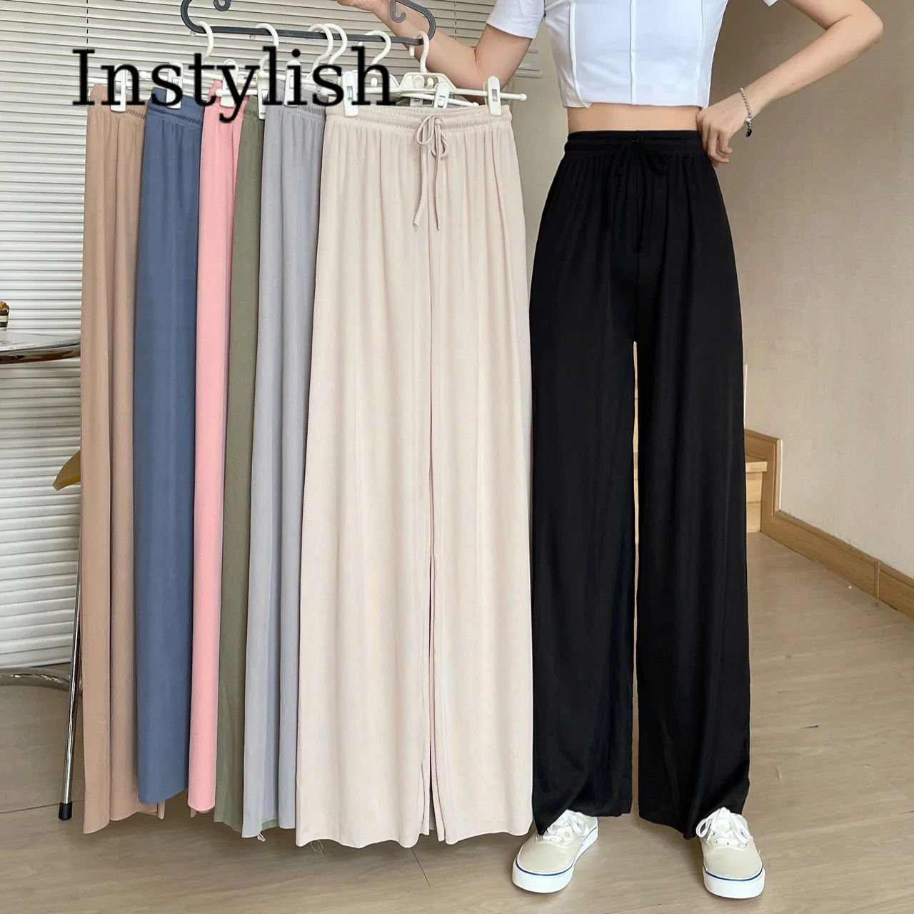Women's Ice Silk Wide Leg Pants High Waist Drawstring Casual Trousers Lightweight Elastic Waist Loose Solid Color Summer Pants