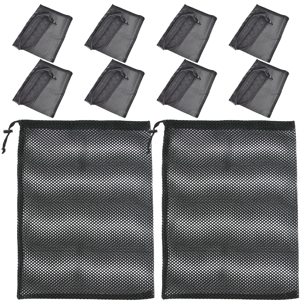 

10pcs Black 30x25cm Mesh Drawstring Bags Polyester Storage Laundry Bag Tennis Golf Multi purpose Foldable Tear resistant