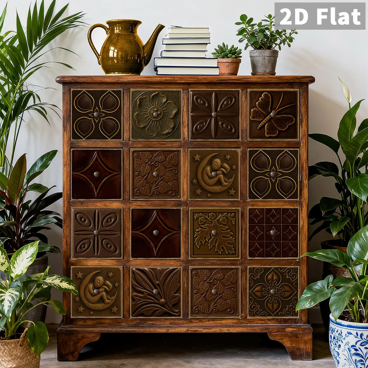 Vintage Brown Carved Floral Wall Tile Sticker 5.91×5.91 inch Self‑Adhesive Home Wall Decor