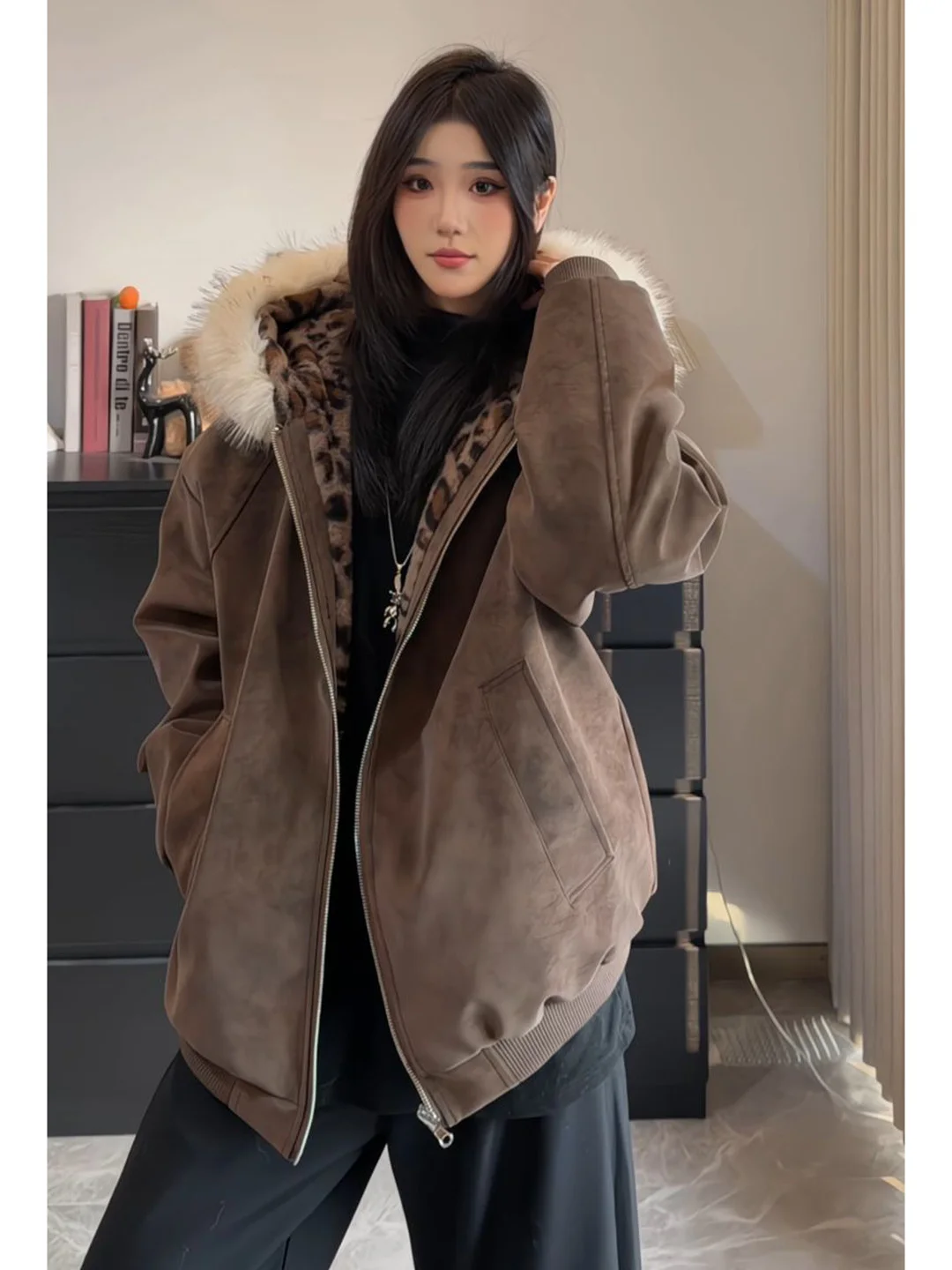 

Американское утепленное зимнее пальто с большим меховым воротником и куртка из искусственной кожи с эффектом тай-дай для мужчин и женщин, с леопардовым принтом