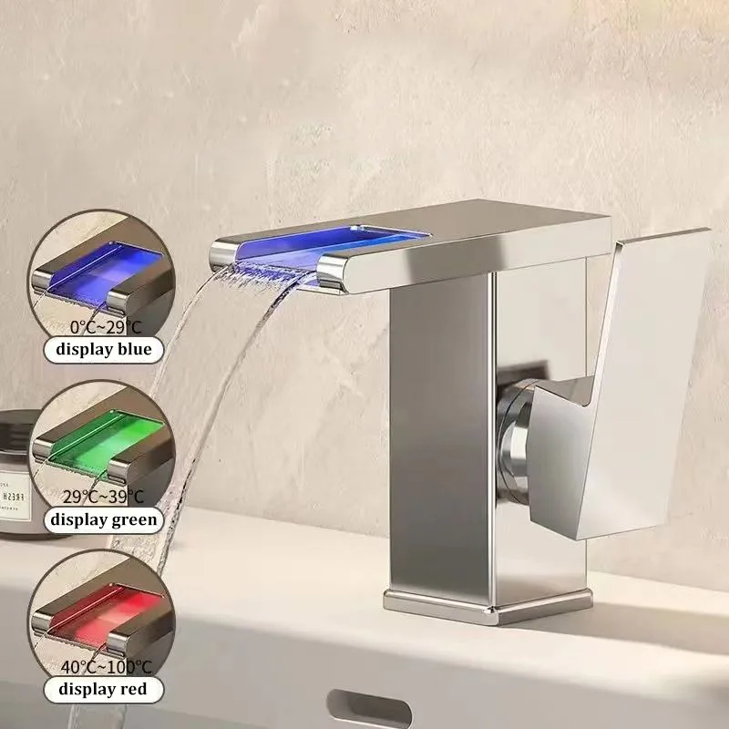 Wastafel Watervalstijl Volledig koperen LED-licht Lichtgevende kraan Badkamer Boven aanrecht Wastafel Huishoudelijke warm- en koudwaterkraan