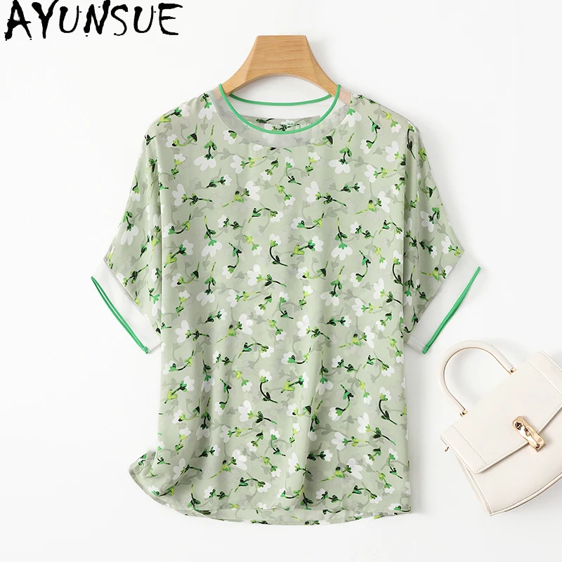 

AYUNSUE 92% Real Mulberry Silk Women's T-shirts Thin Short Sleeved T Shirt Women 2024 Summer Woman Clothes Floral Fashion Top