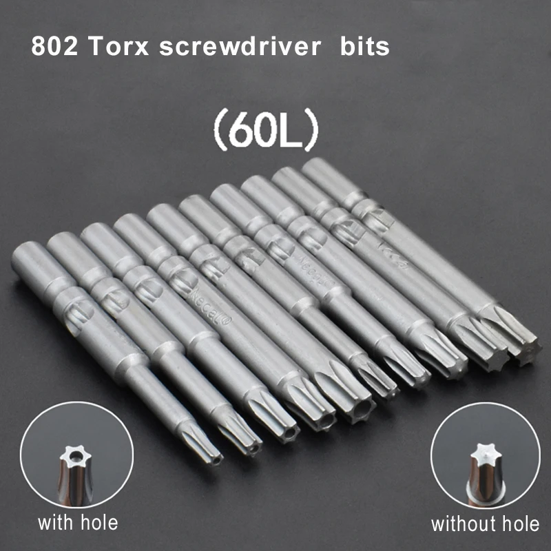 10pcs/lot 60mm Long S2 Magnetic Electric 802 6mm Round Shank Torx Screwdriver bits T5-T30 Head with hole/without hole drill bit