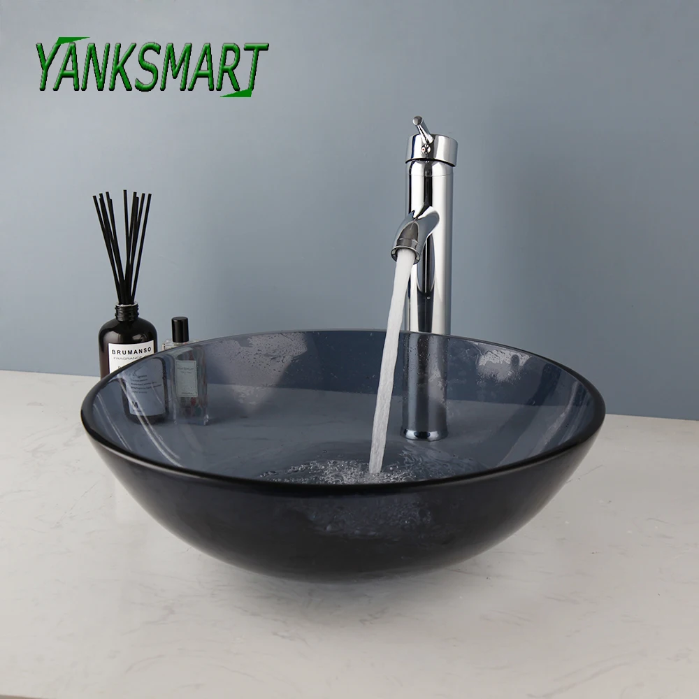 YANSKMART Bathroom Round Bowl Washbasin Faucet Set Grey Bathroom Vessel Basin Sinks W/ Hot Cold Water Mixer Tap & Pop-up Drain