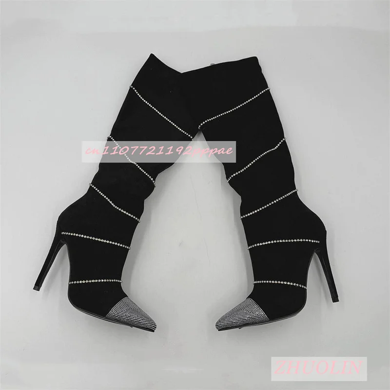 

Черные замшевые сапоги до середины икры со стразами, осенние сапоги до середины икры без шнуровки на остром каблуке-шпильке, женские сапоги до середины икры для банкета и вечеринки